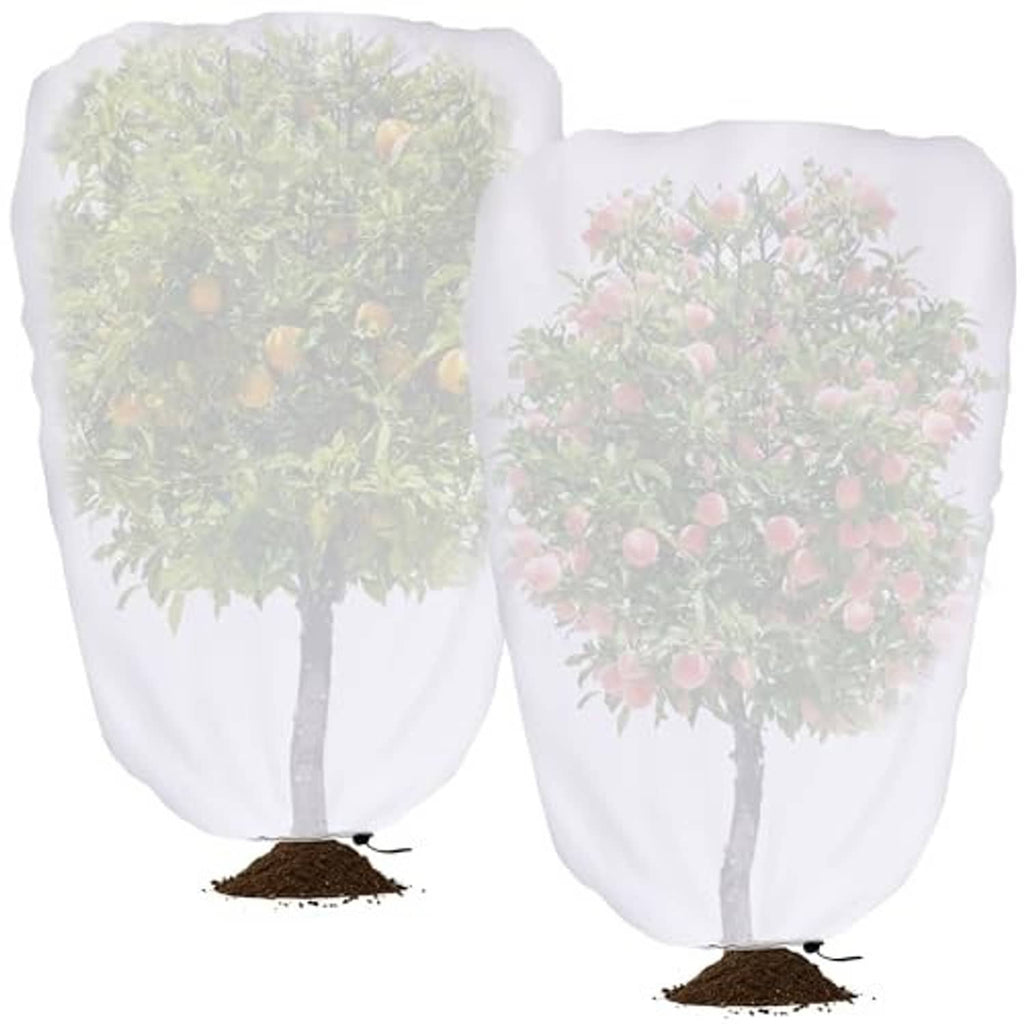Garden plant shade cover set of 2 with drawstring, white mesh, pink fruit tree design