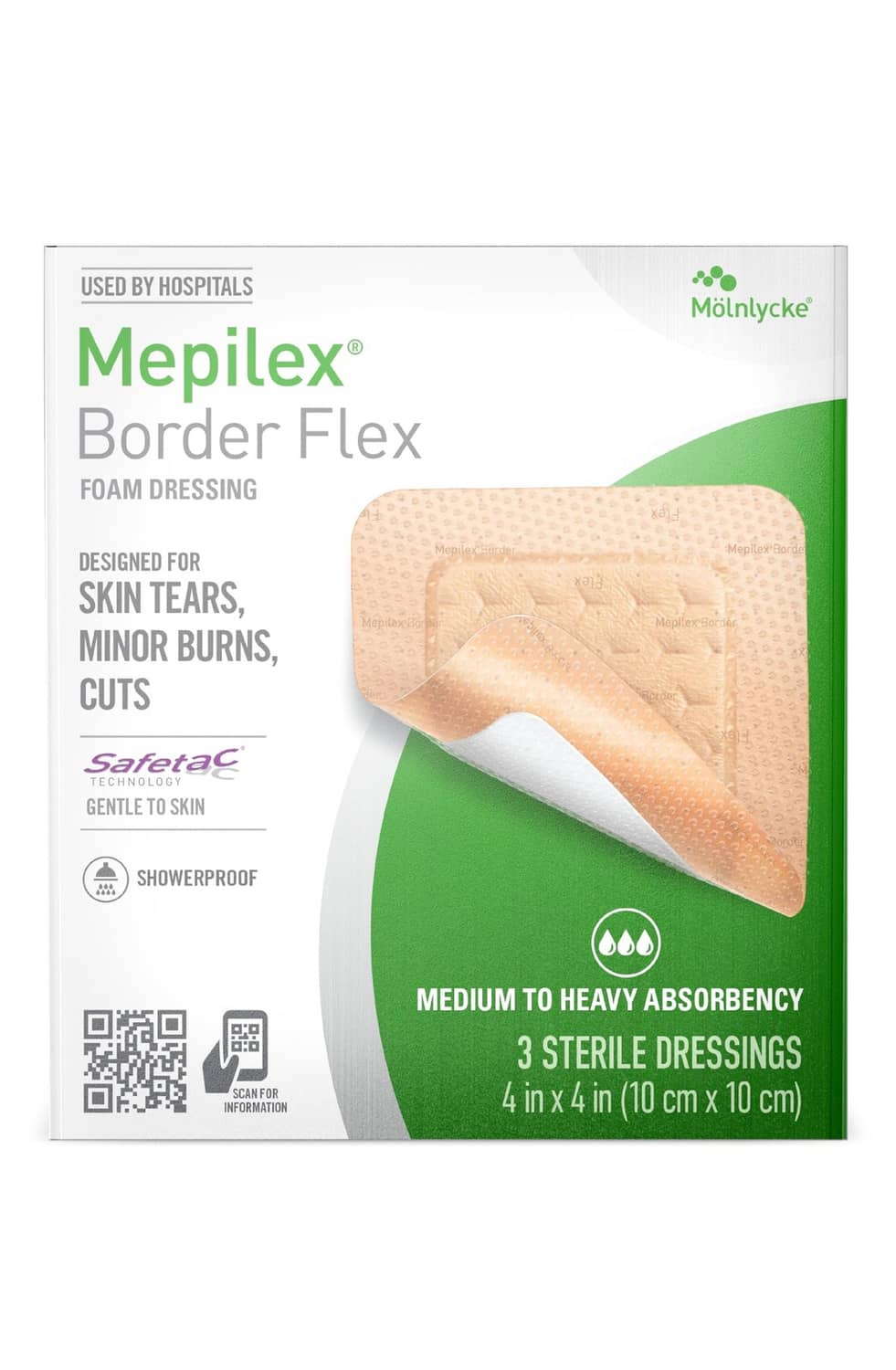 Mepilex Border Flex foam dressing, beige 4x4 in package with wound pad shown