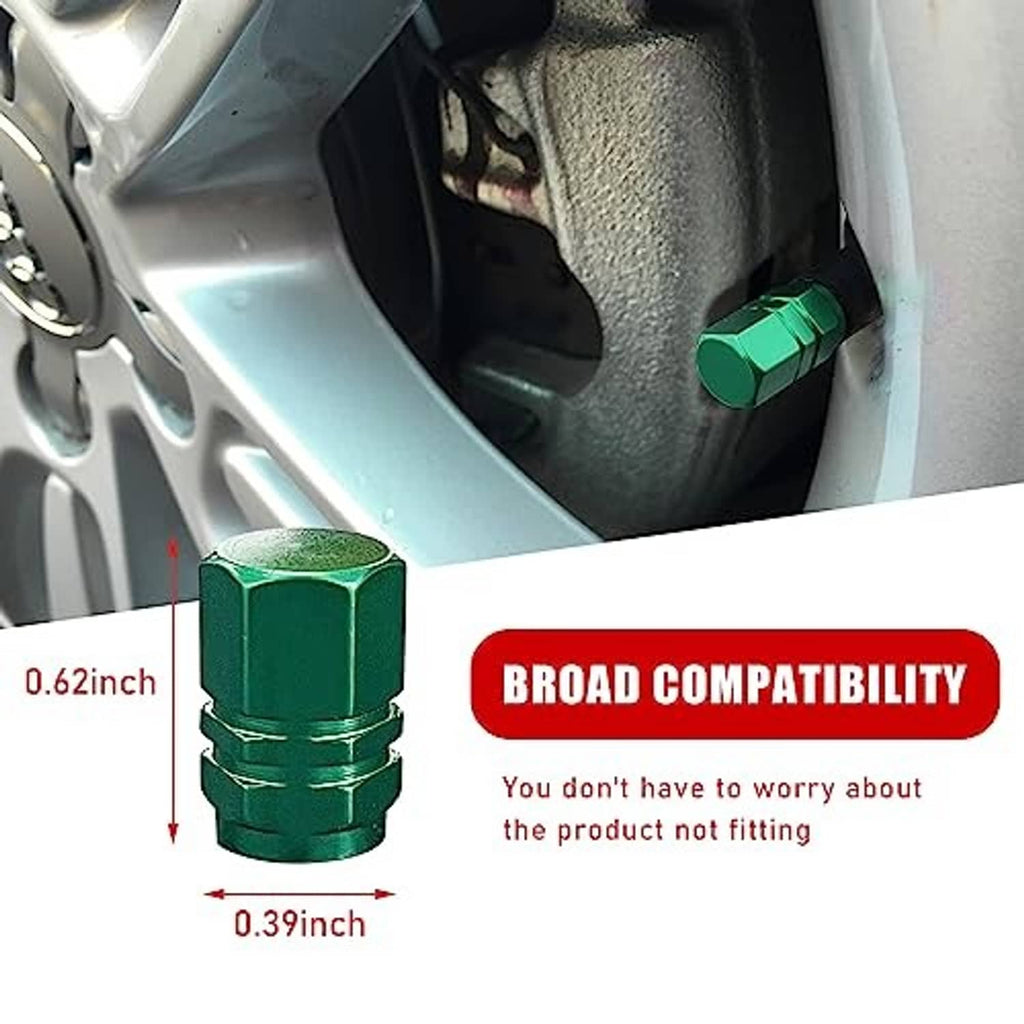 Green valve stem cap installed on an alloy wheel, hexagonal aluminum cover