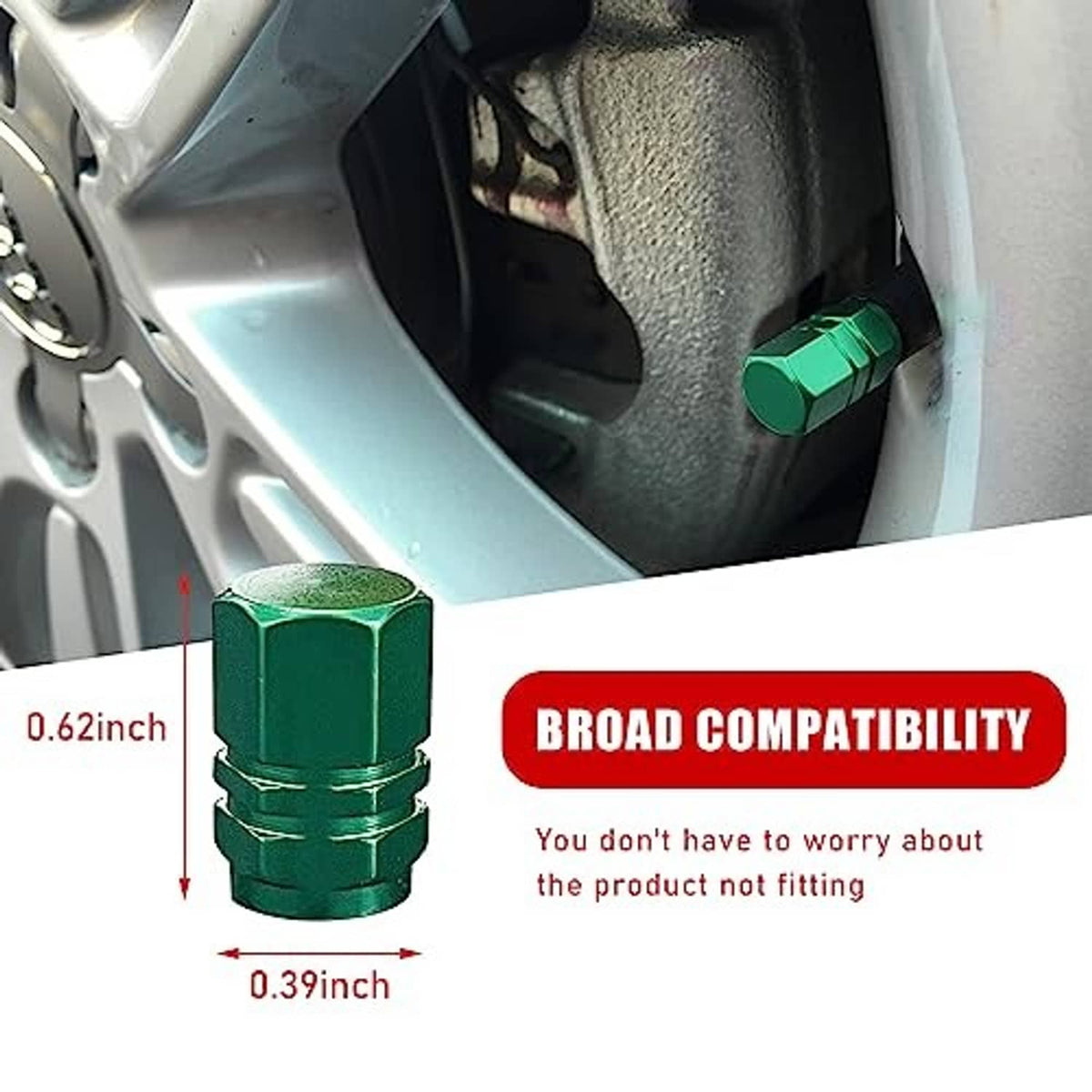 Green valve stem cap installed on an alloy wheel, hexagonal aluminum cover