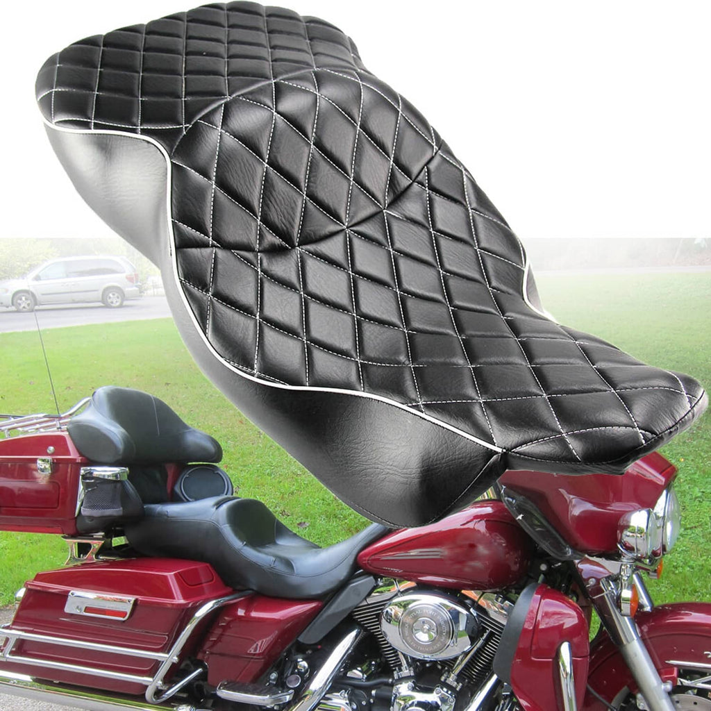 Black motorcycle 2-up rider seat with diamond quilt stitching and white piping
