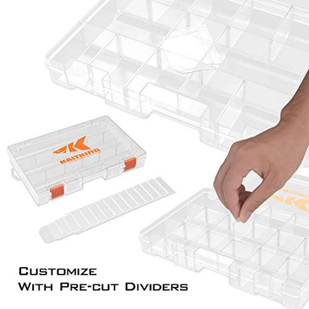 Clear tackle box with pre-cut internal dividers, open lid and snap orange latch
