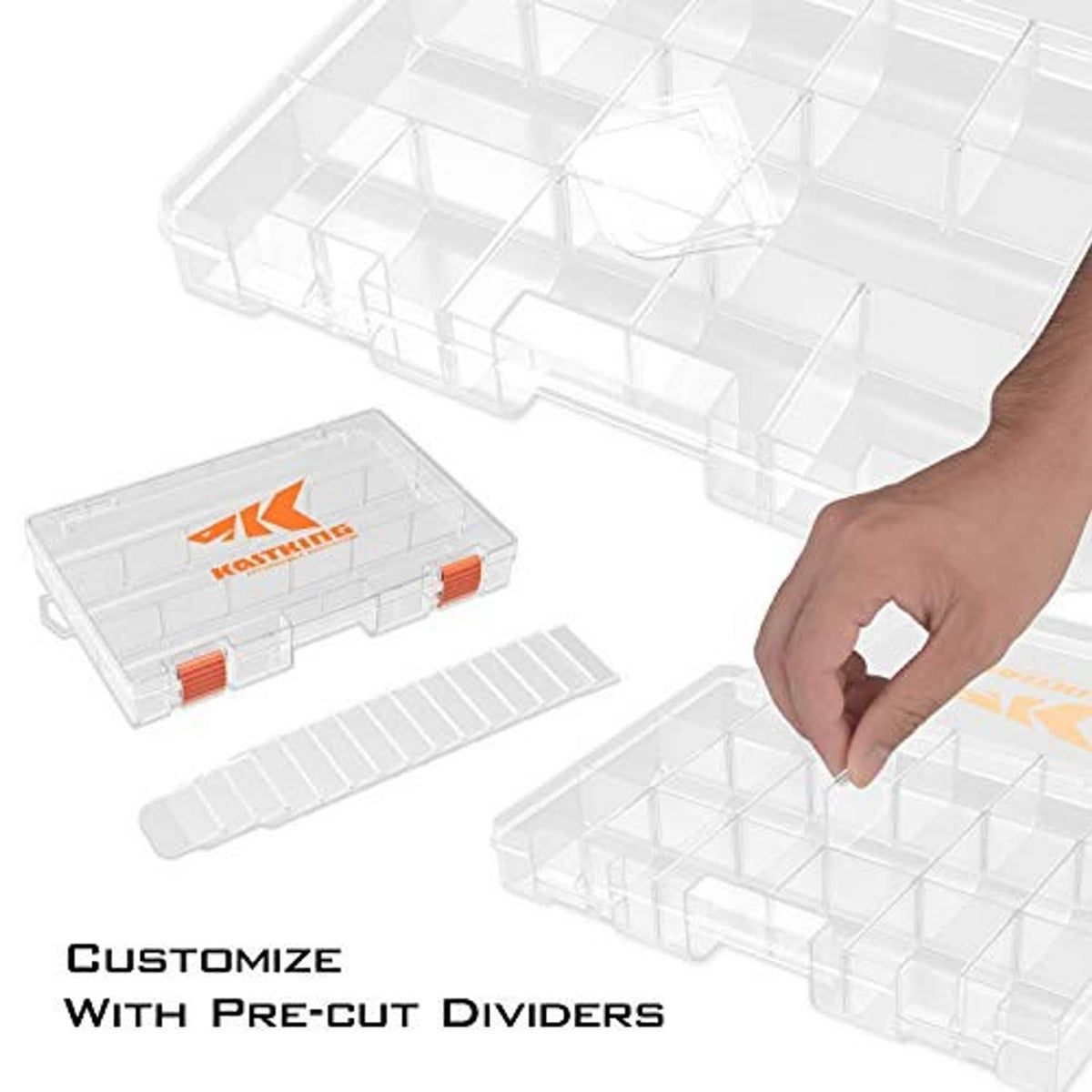 Clear tackle box with pre-cut internal dividers, open lid and snap orange latch