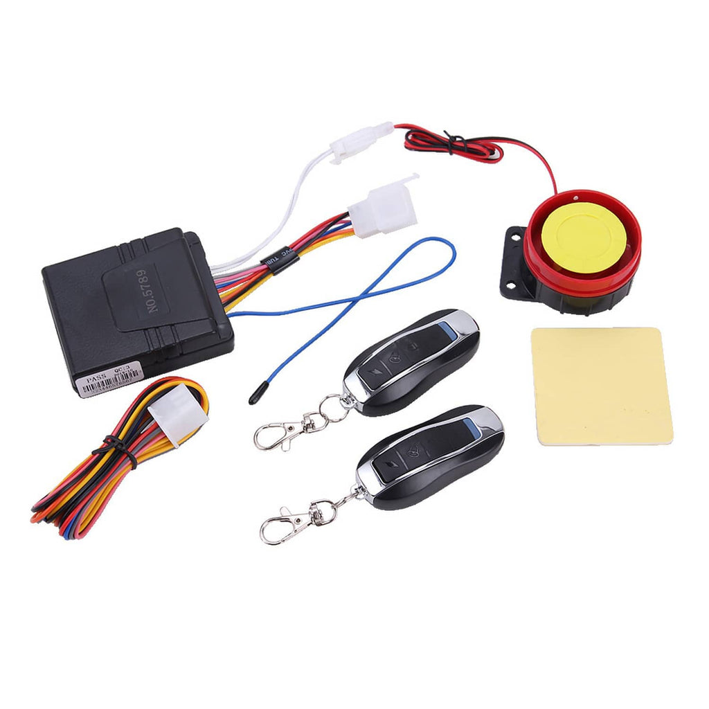 Motorcycle anti-theft remote start kit with ECU module, red siren button, two key fobs, wiring