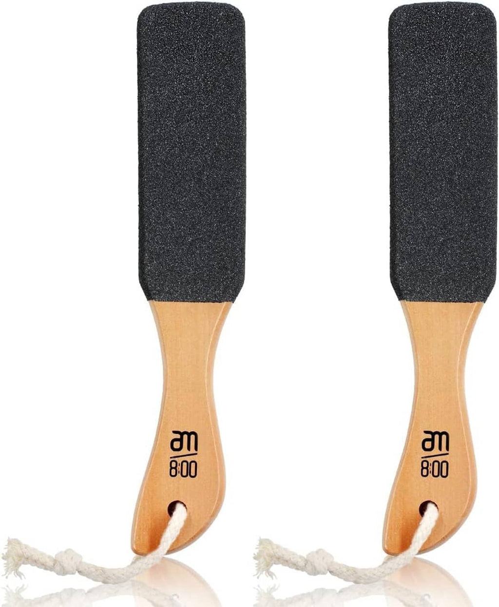 Two-pack foot file set with dark abrasive pads and wooden handles, each with hanging loop.