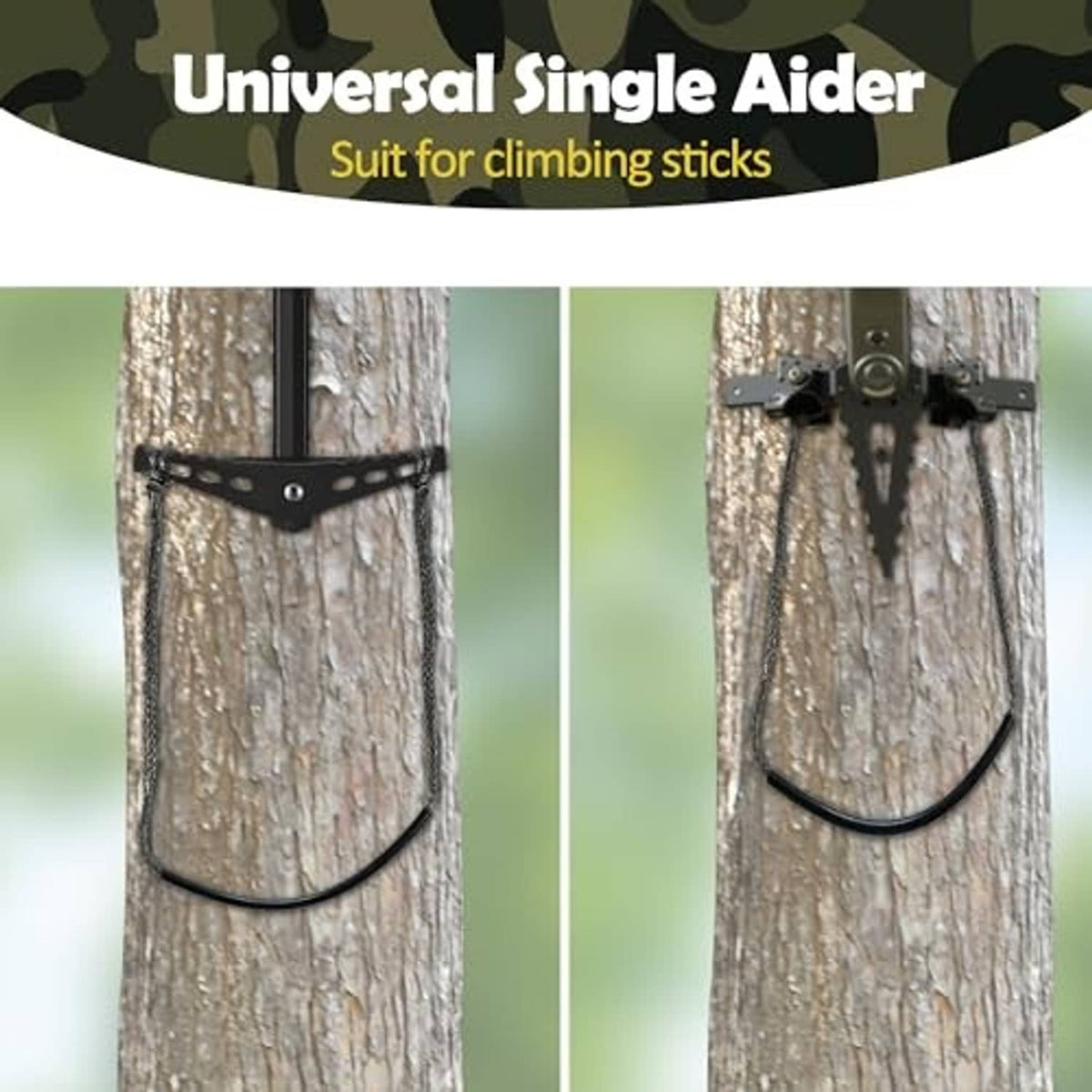 Climbing stick single aider strap with black buckle and curved step loop on tree.