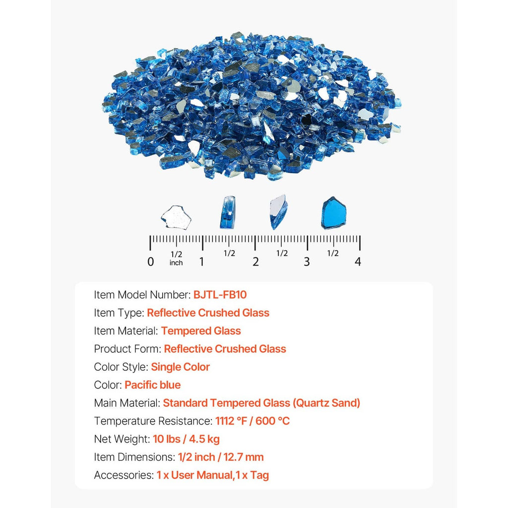 Pacific blue crushed glass rocks with ruler showing about 1/2 inch size pieces.