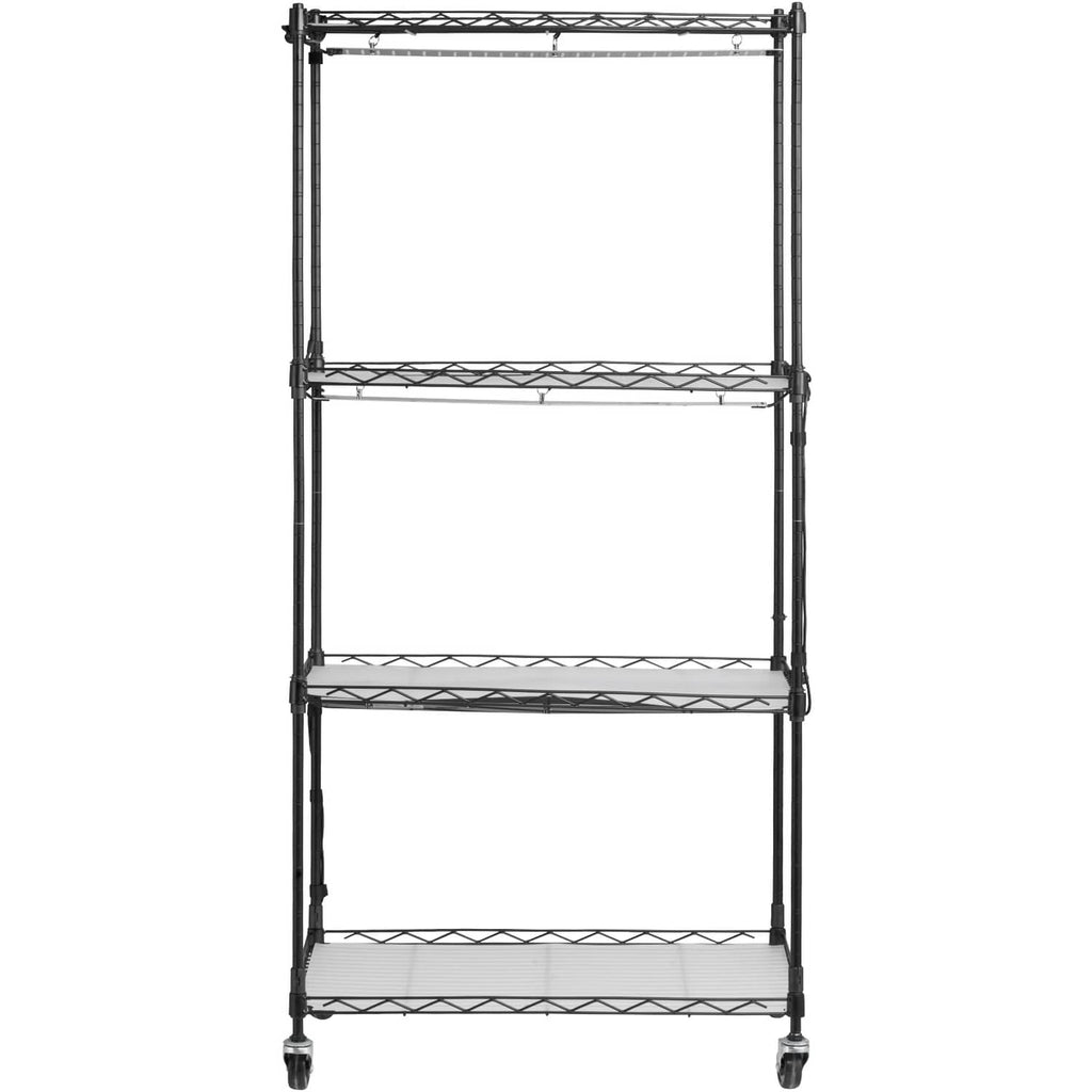 Black 4-tier metal plant stand with wire shelves and four caster wheels