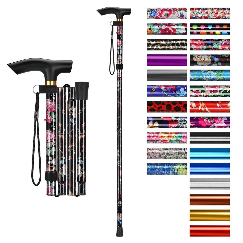 Black floral folding cane with T handle and wrist strap, 5-level height adjustment