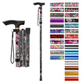 Black floral folding cane with T handle and wrist strap, 5-level height adjustment
