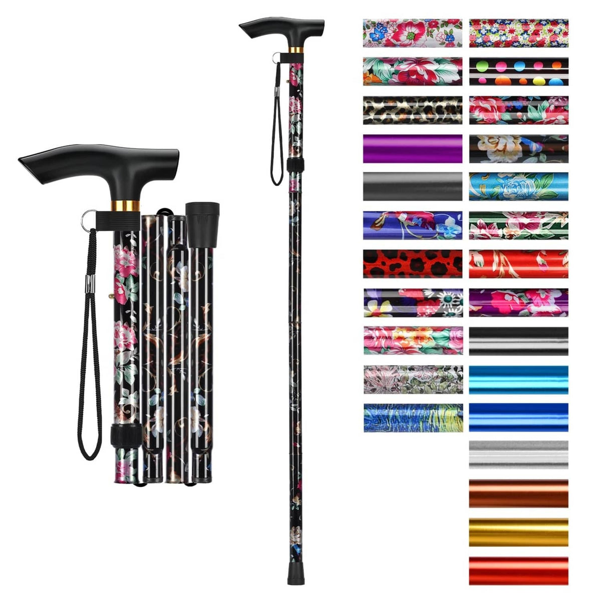 Black floral folding cane with T handle and wrist strap, 5-level height adjustment