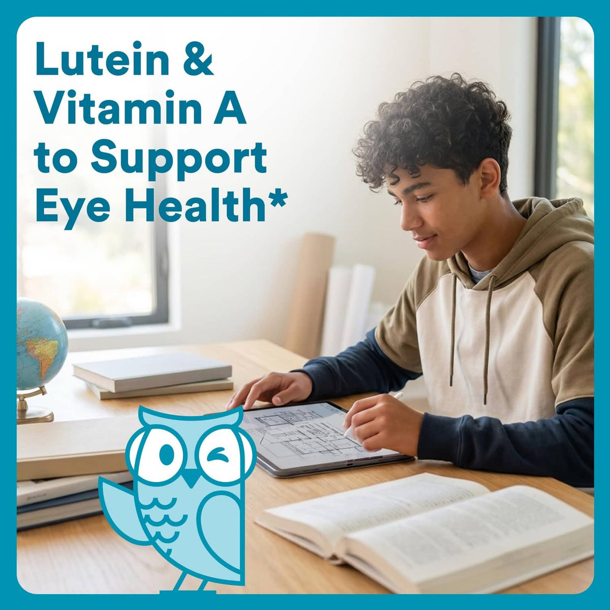 Teen studying at a desk with supplement owl graphic and text about eye health