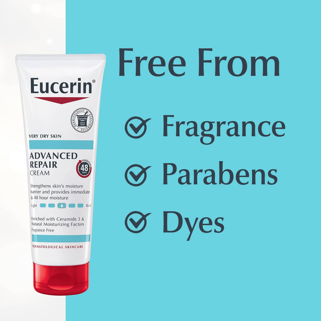 Eucerin Advanced Repair Cream urea-enriched body cream tube, white and red cap