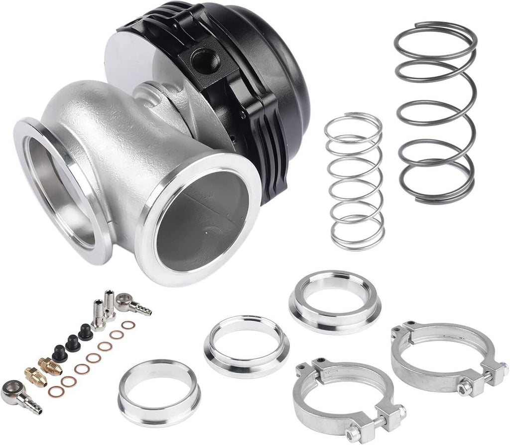 Side view of external turbo wastegate with black housing, silver flange, and spring set
