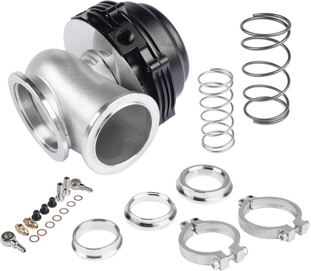 Side view of external turbo wastegate with black housing, silver flange, and spring set