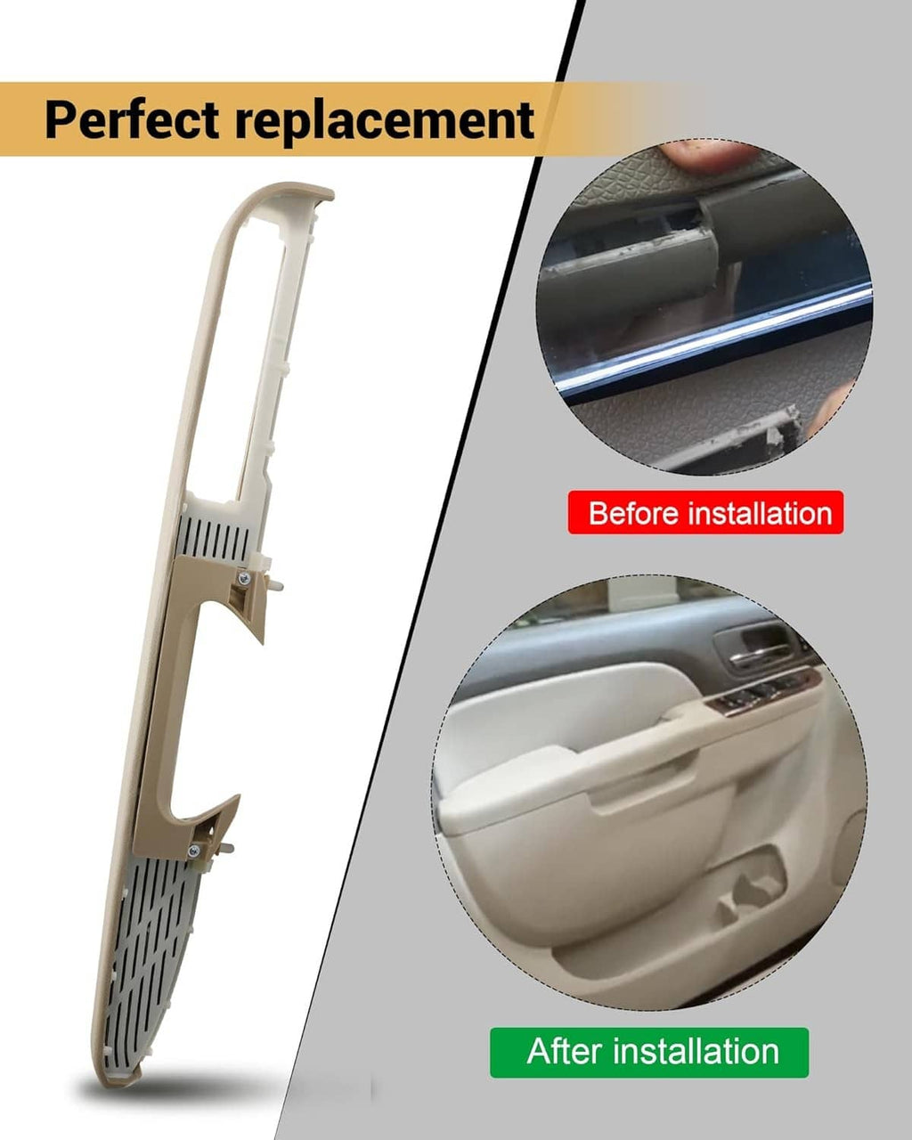 Beige door armrest repair panel with installation view
