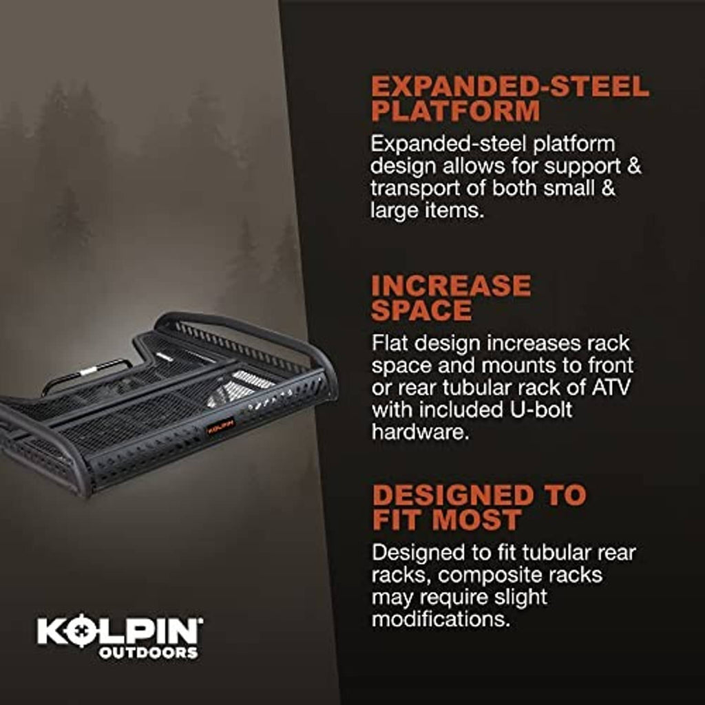 Black ATV flat rack with expanded mesh platform and side rail supports