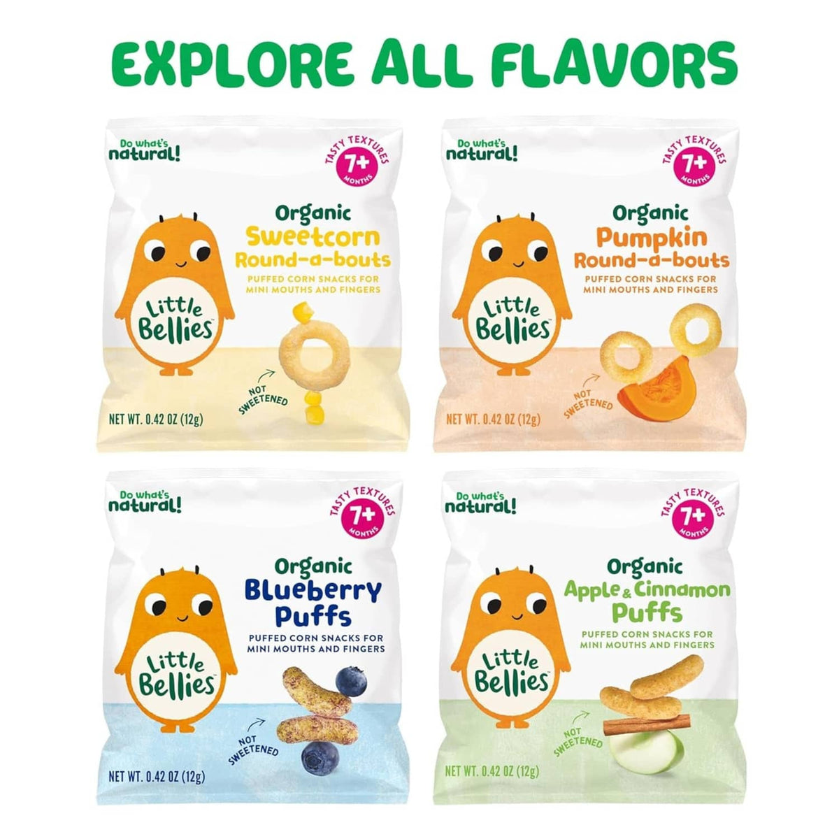 Little Bellies organic puffs variety pack showing four snack pouch fronts