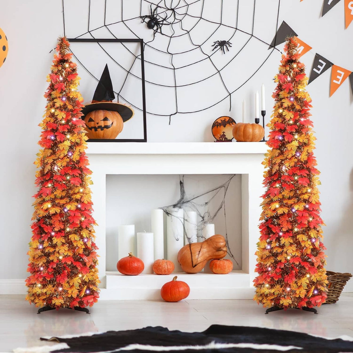 Pair of 5ft fall decorative lighted trees with multicolor foliage