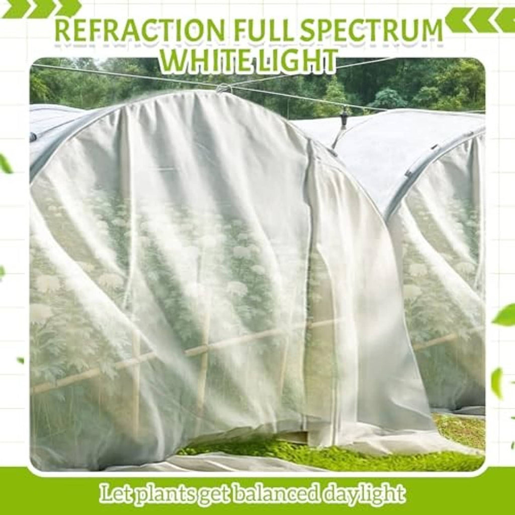 White shade cloth draped over a garden hoop tunnel, smooth fabric cover