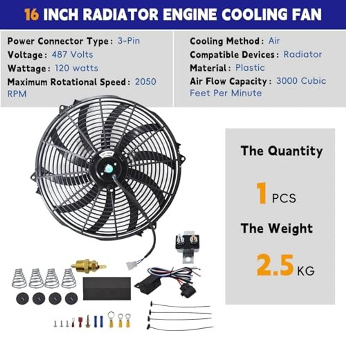 16-inch radiator engine cooling fan assembly kit with parts shown