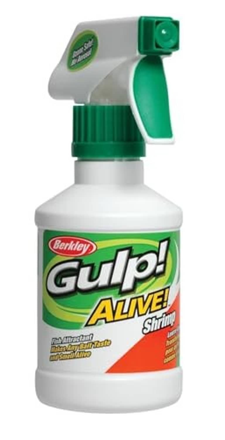 Berkley Gulp! Alive!® shrimp attractant spray bottle, green trigger on white body