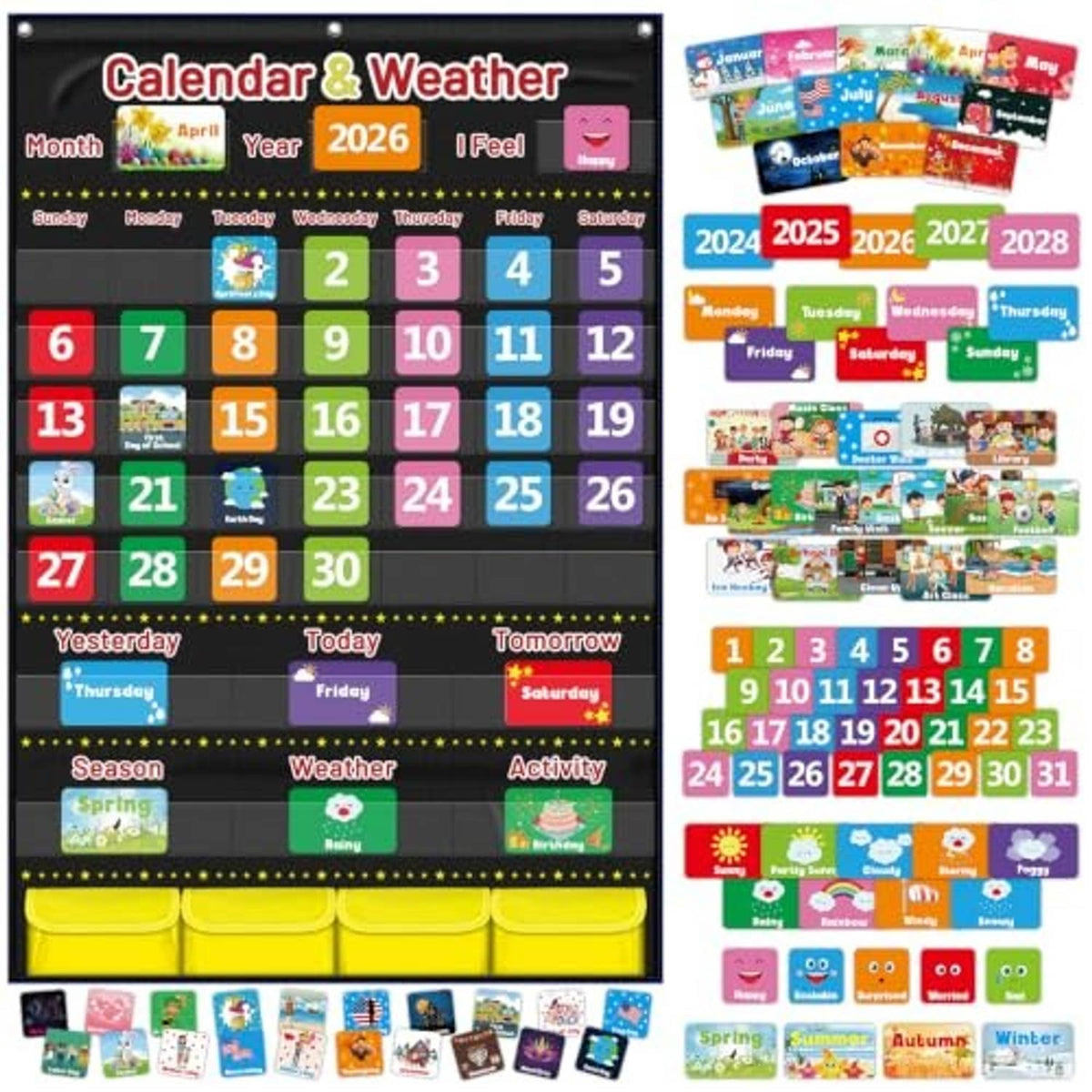 Kids calendar & weather pocket chart with extra mini cards and pocket labels