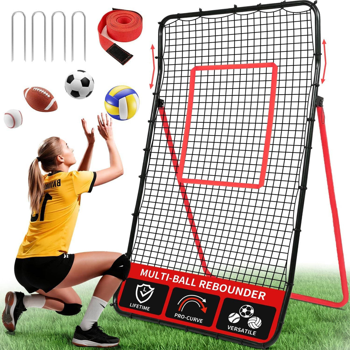 Volleyball rebounder net with red target panel, black mesh and pro-style rebound base