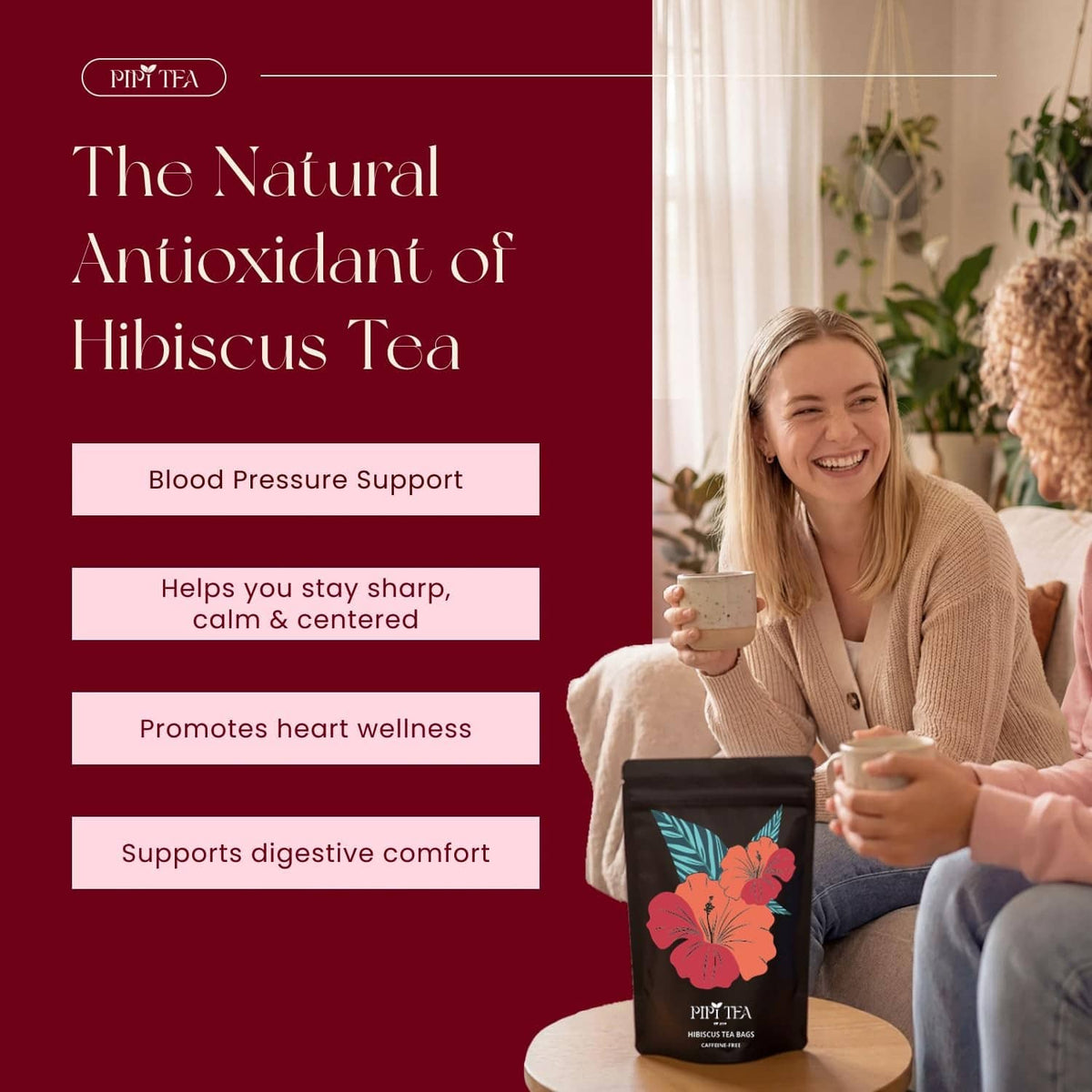 Hibiscus tea bag pouch with glass cup, shown with a person serving