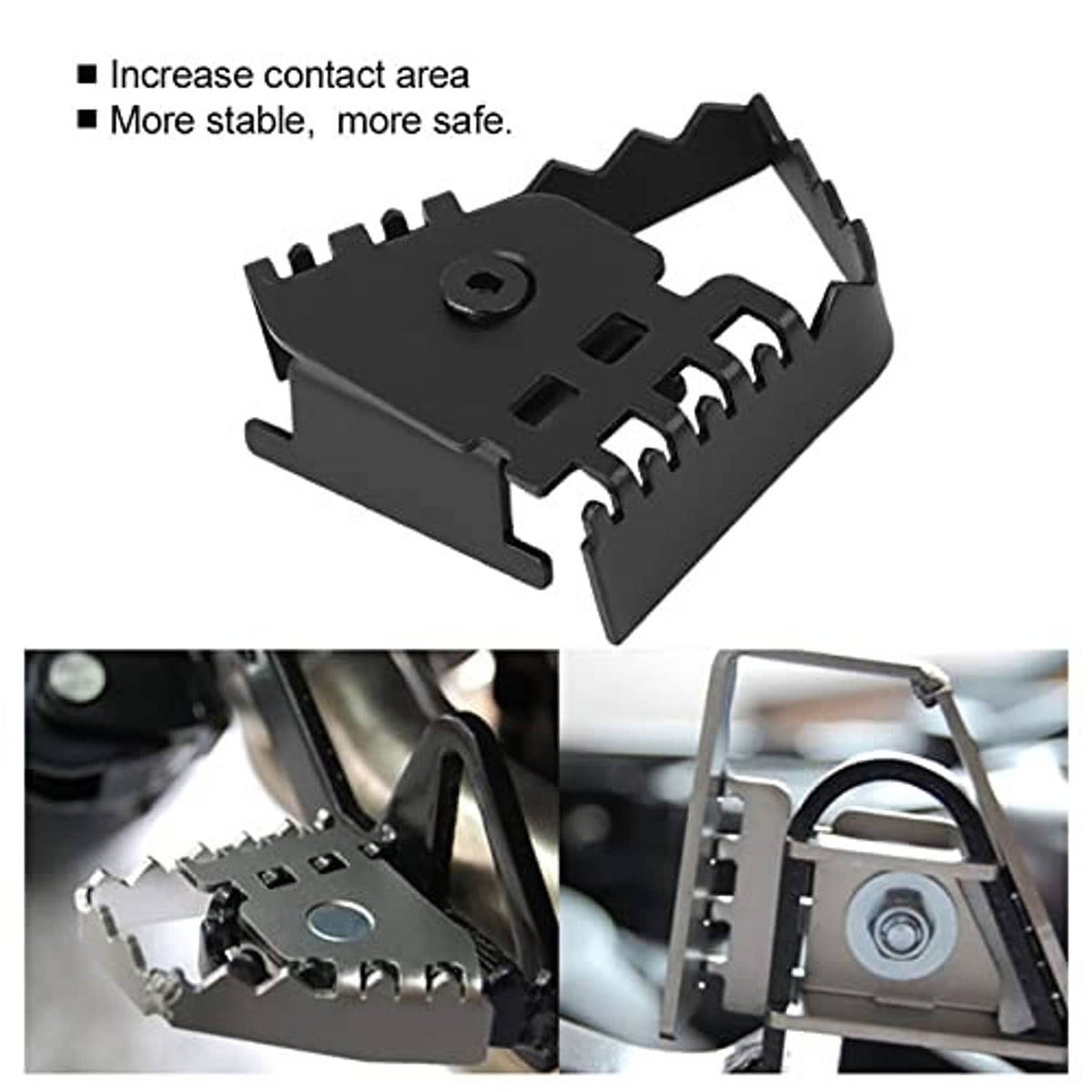 Rear brake extension pedal bracket with matte black finish and ridged grip teeth