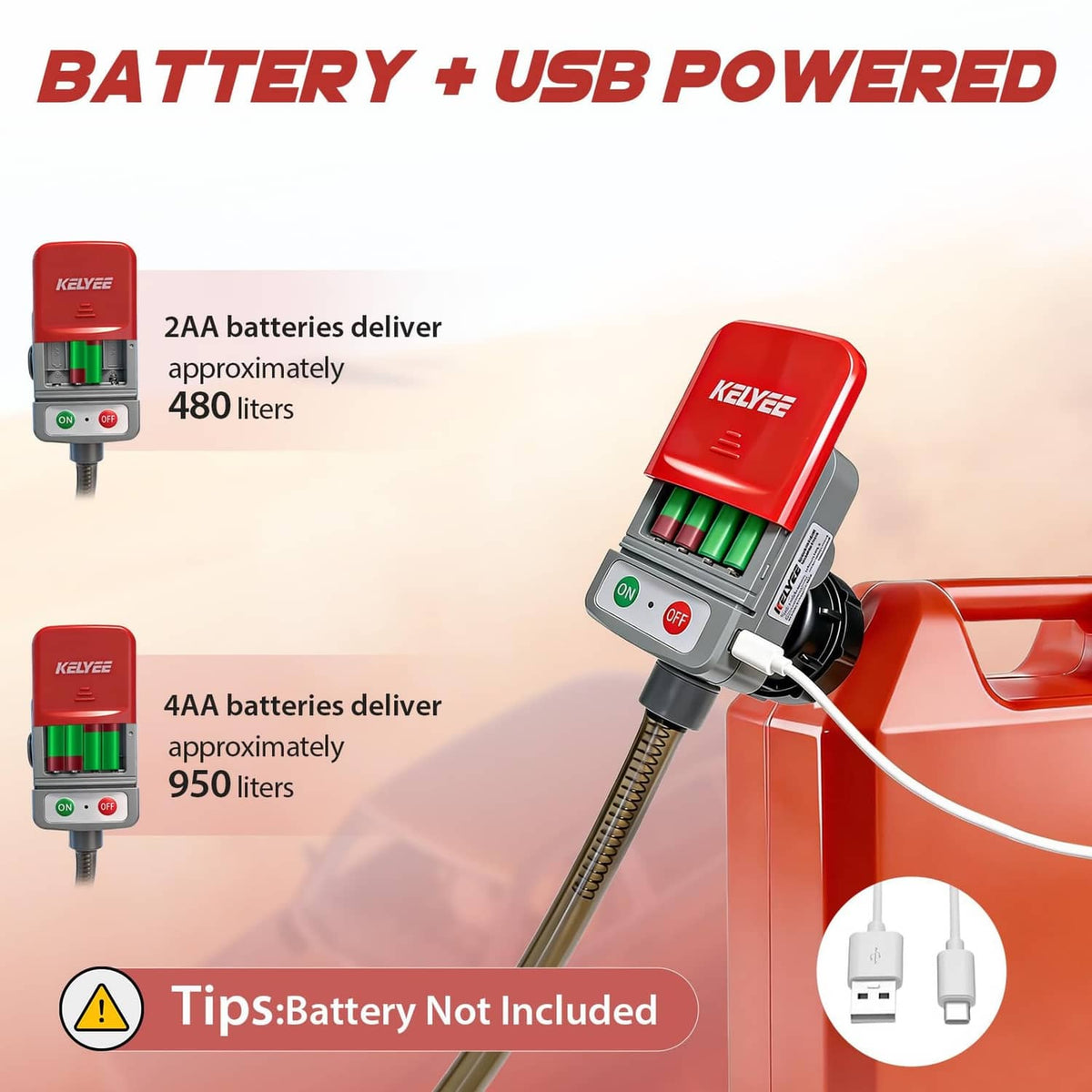 Red battery-powered fuel transfer pump with handheld controller and outlet hose