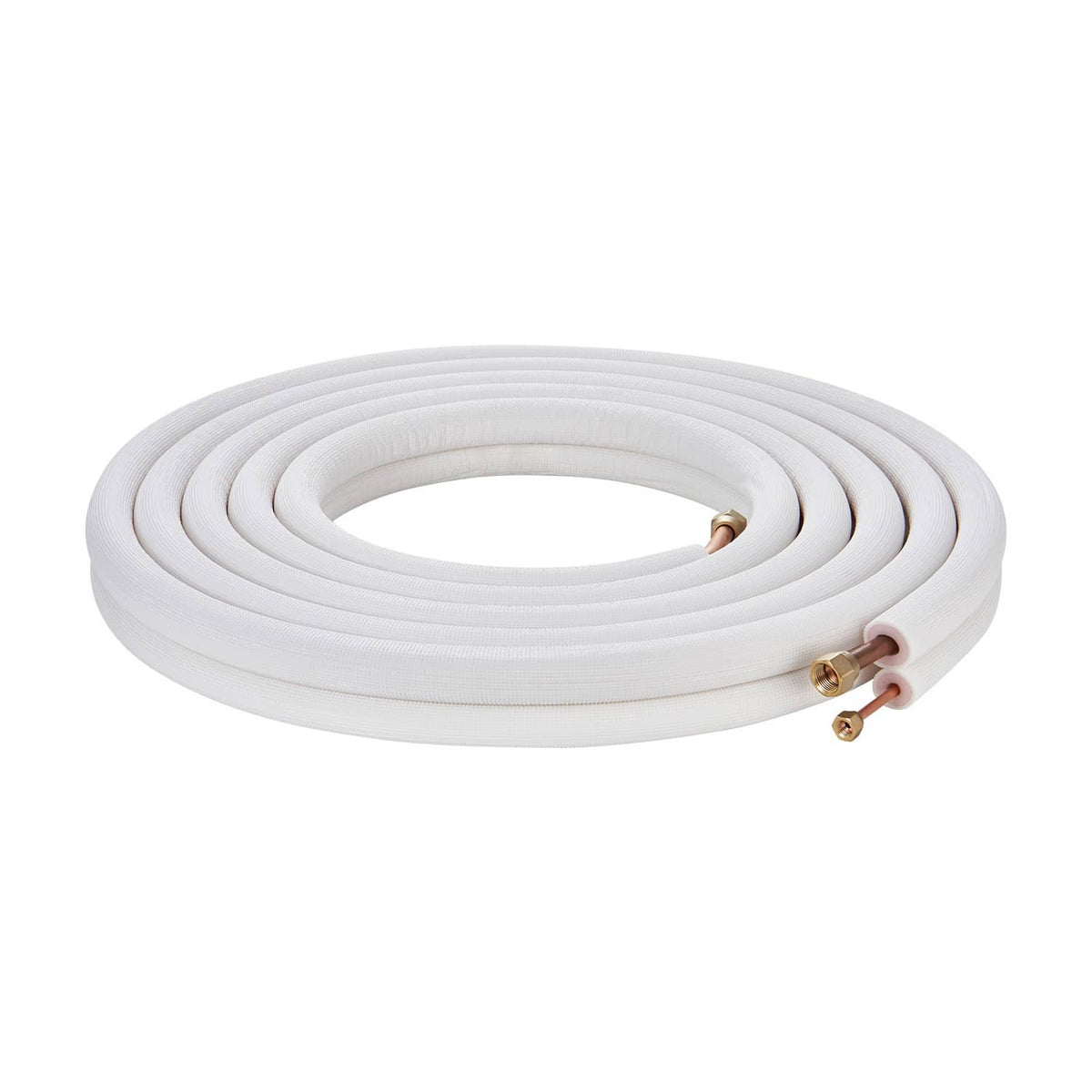 Coiled insulated mini split tubing, white, with copper and red connector ends
