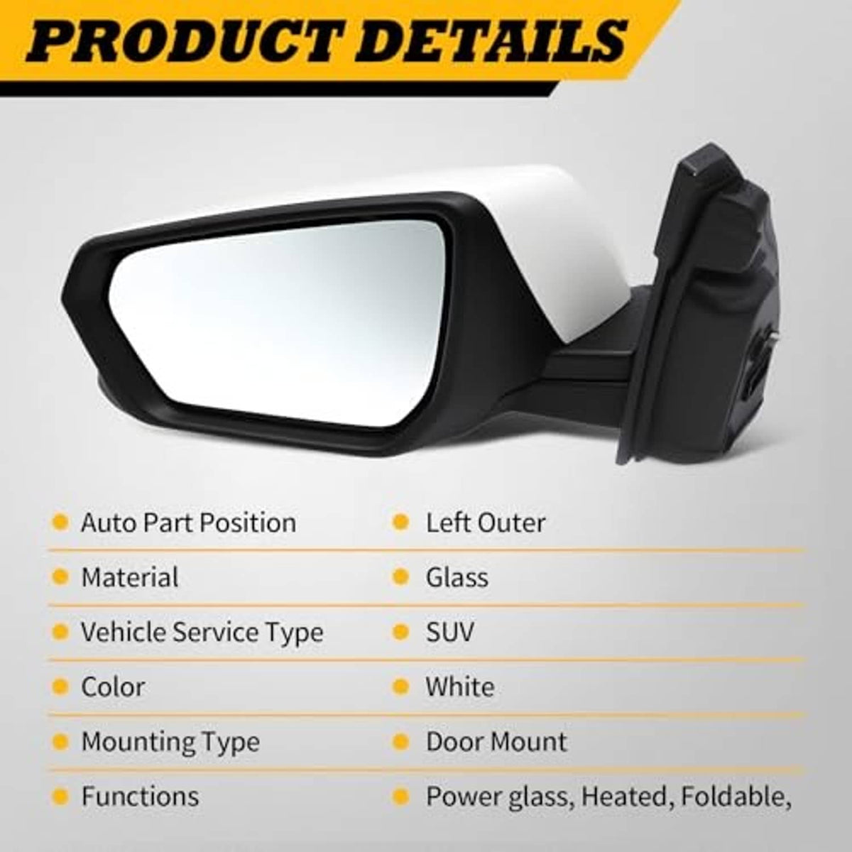 Left driver side mirror with white cap, black housing, and reflective glass