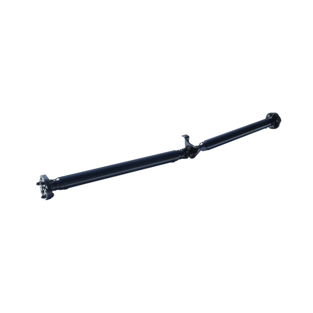 Rear drive shaft assembly with mounting yokes at ends and support bracket in middle