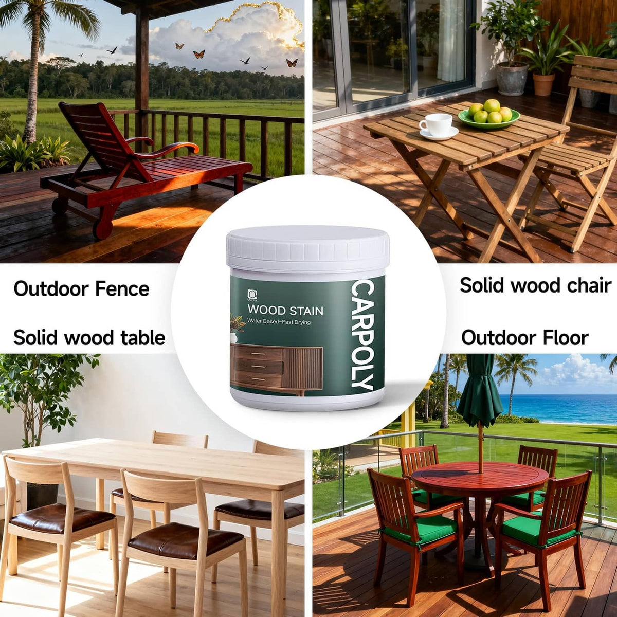 CARPOLY wood stain bucket with suggested use for outdoor furniture and flooring
