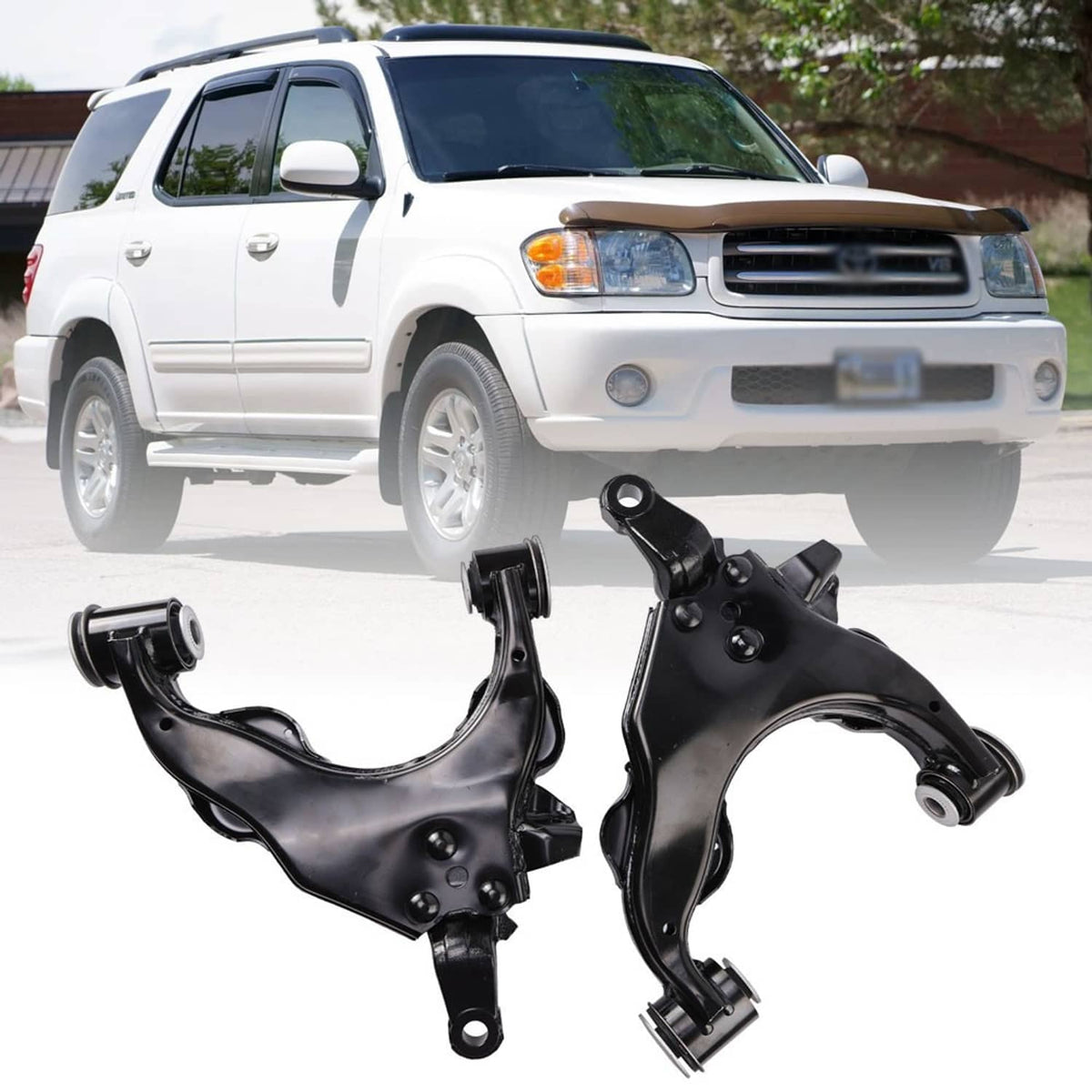 Front lower control arm pair, black metal with link arms and bushing mounts