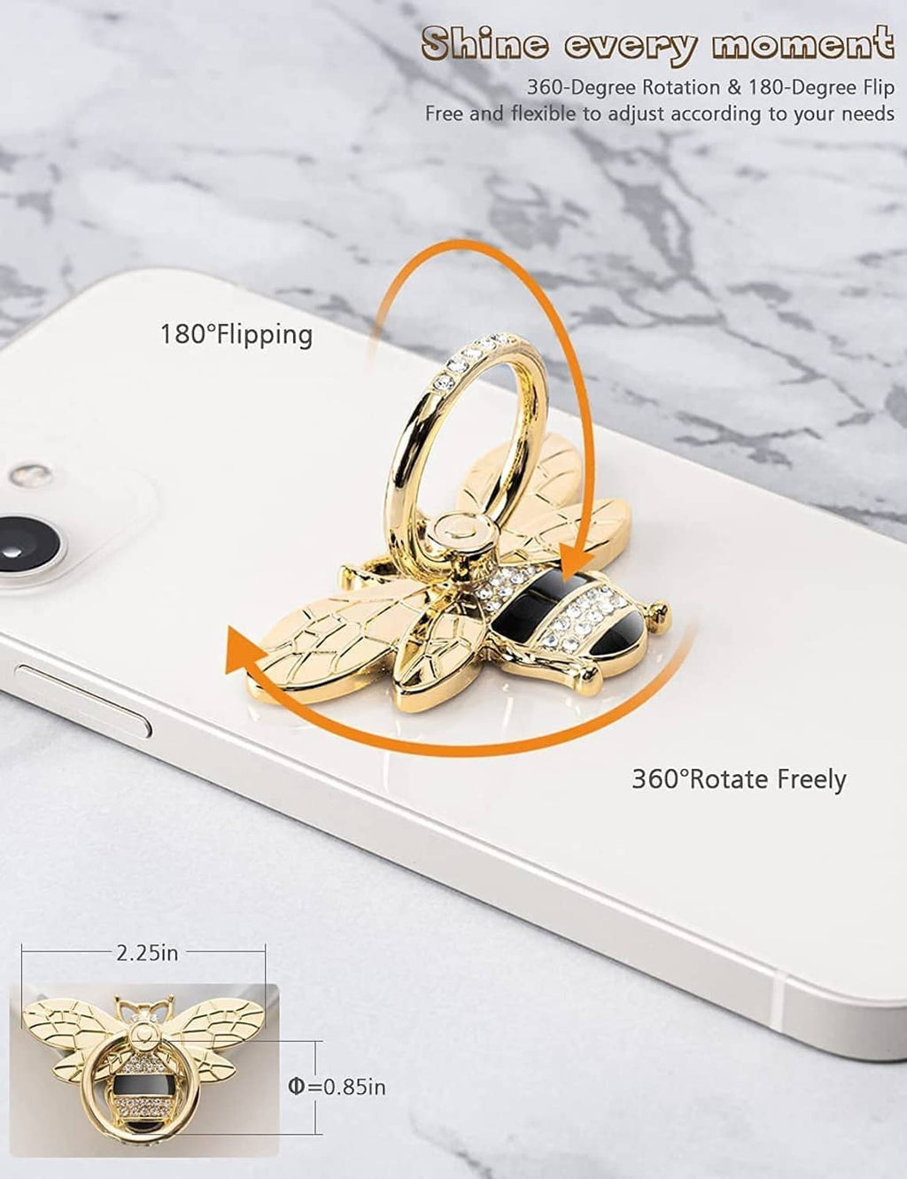 Gold bee phone ring holder with raised stand and crystal details