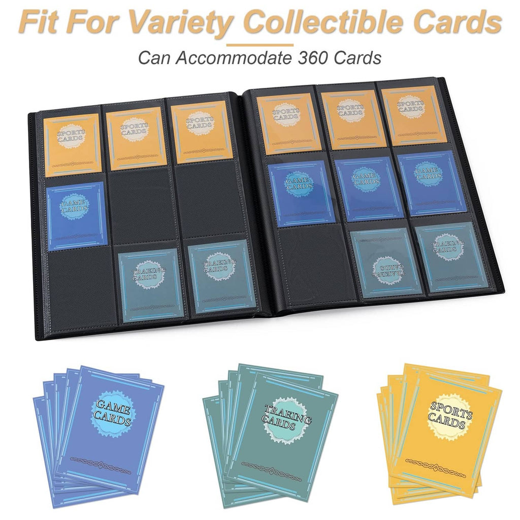 Black trading card binder open, showing pockets filled with cards