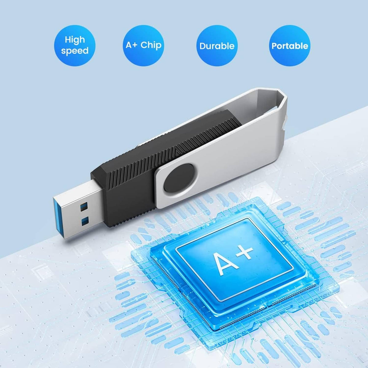USB A+ chip flash drive with silver connector and black grille, shown over blue circuitry
