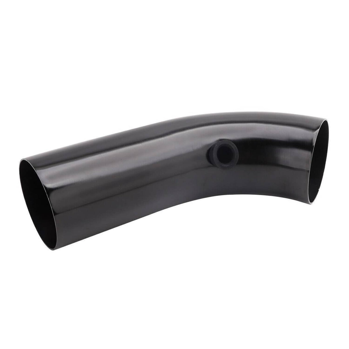 Curved black aluminum intake pipe with inlet opening and mounting port