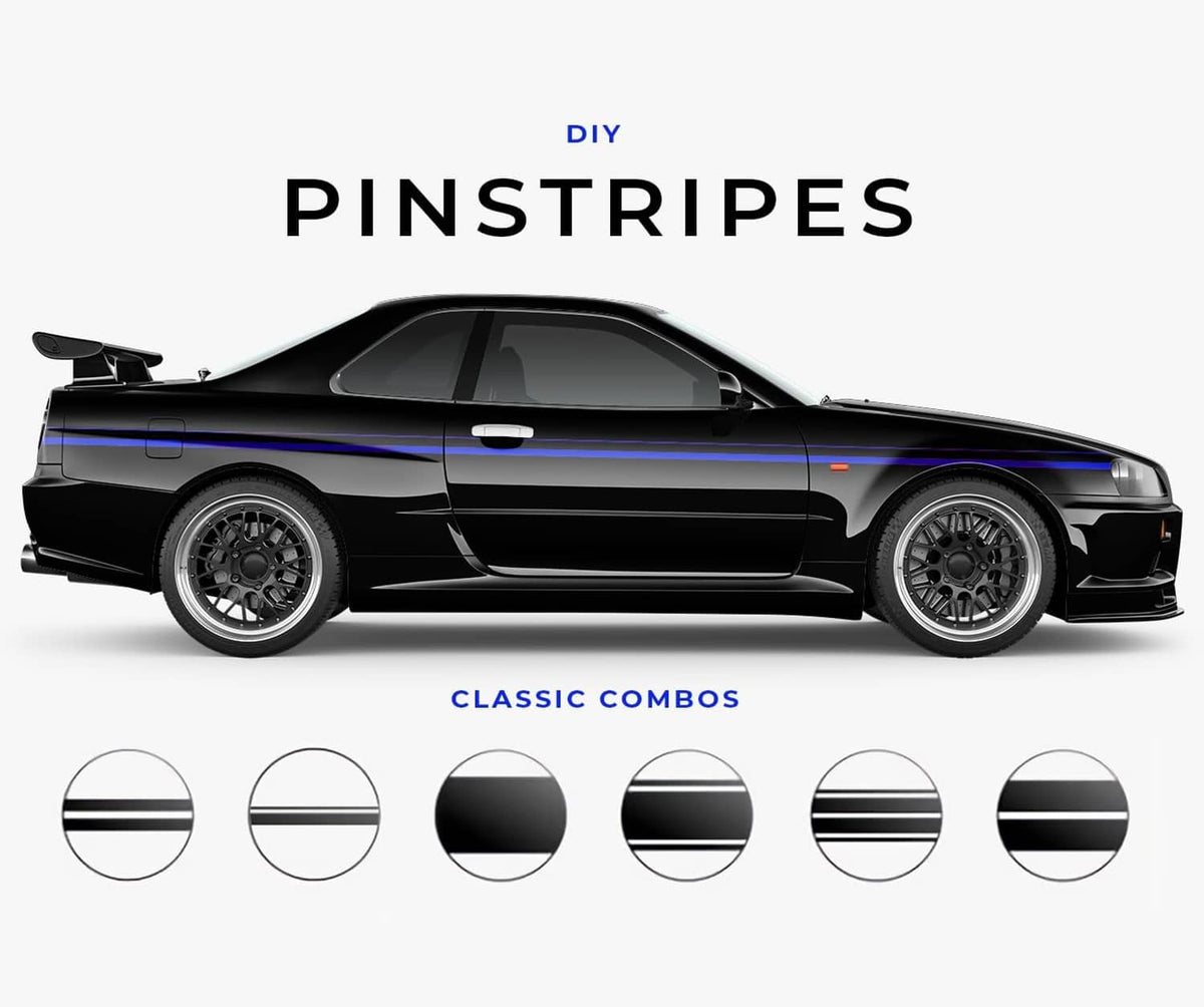 Blue holographic pinstripe styling on black car side, striped along body lines