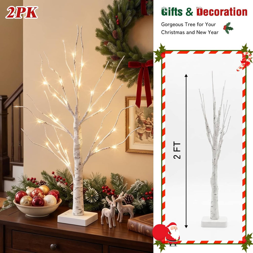 2 pack 2ft lighted birch tree decoration with warm white LED lights, boxed