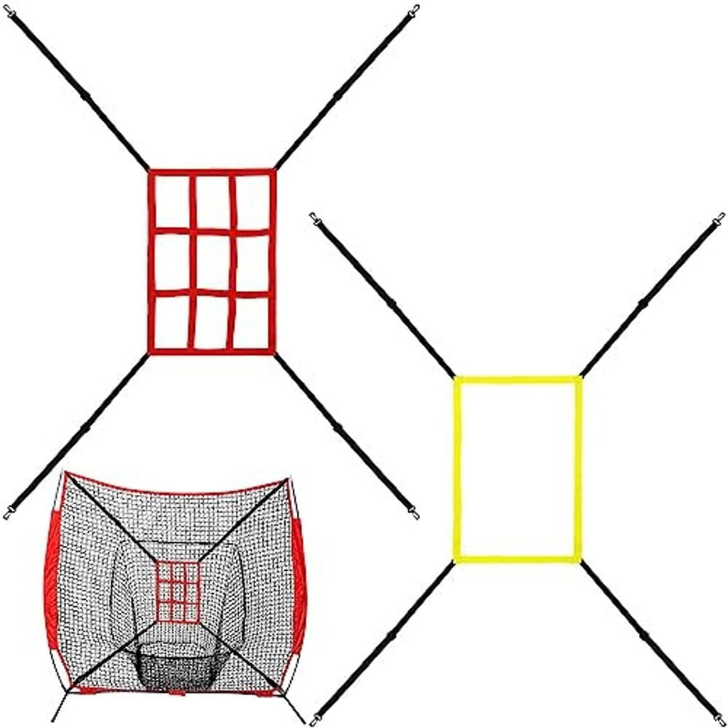 Adjustable baseball strike target net set with red grid target frame and yellow square target
