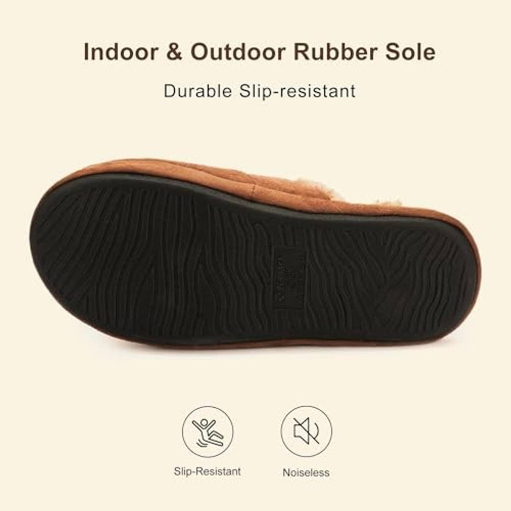 Tan slipper outsole with dark rubber tread and plush edge lining
