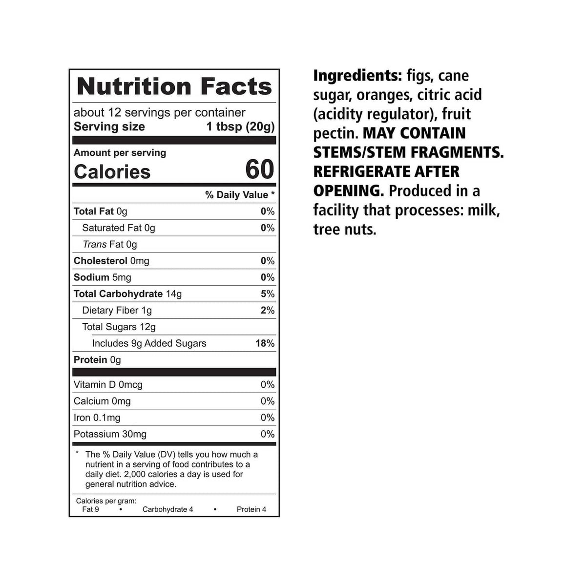 Nutrition Facts panel and ingredients list for Orange Fig Spread