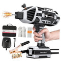 Handheld inverter welder with grey and white body, front vents and power trigger