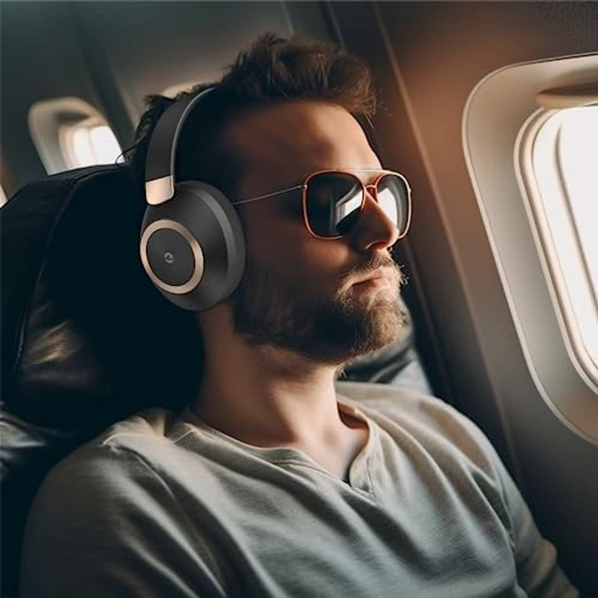 Black wireless over-ear headphones worn on a person’s head, side controls visible