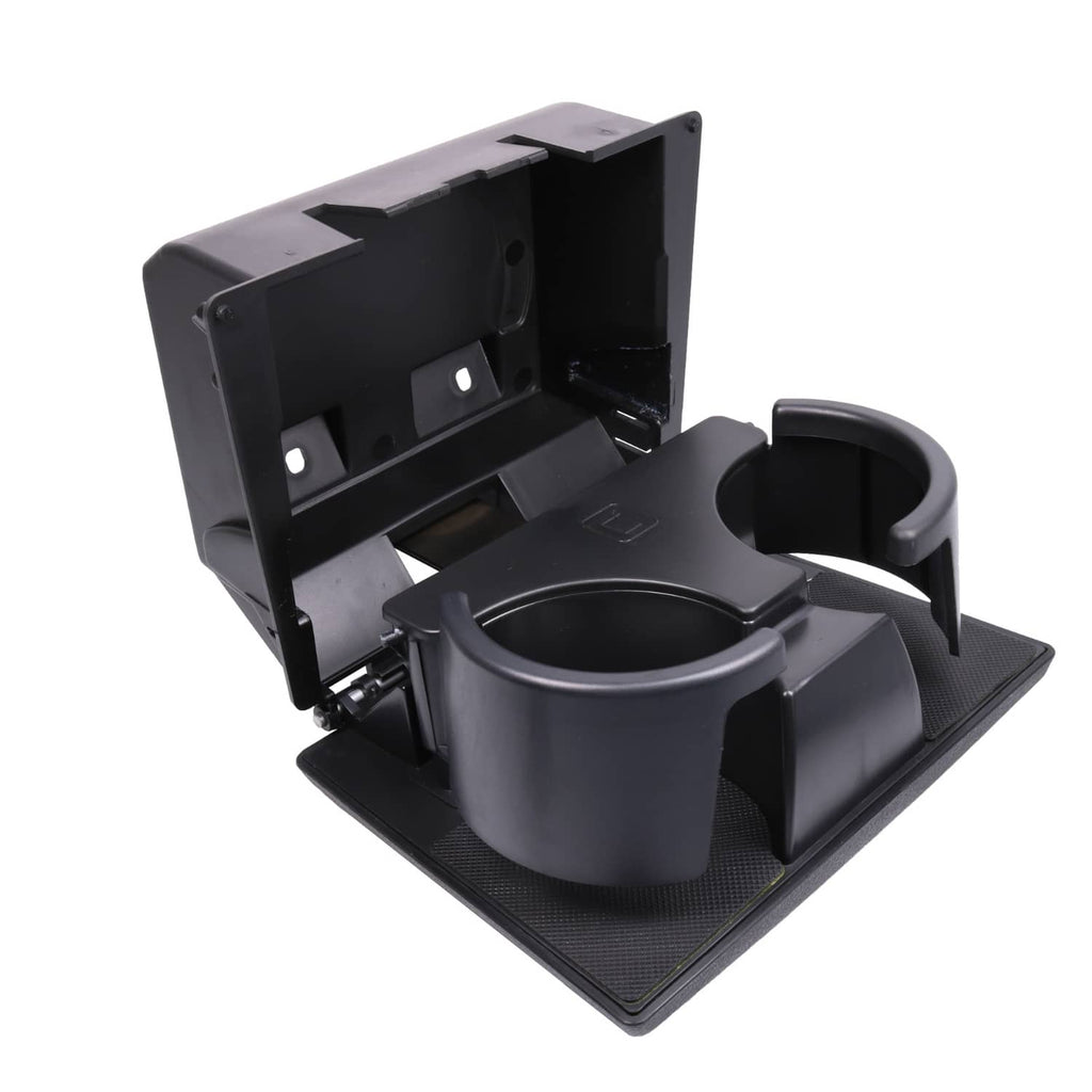 Black front dual cup holder assembly with two cup wells on textured base plate