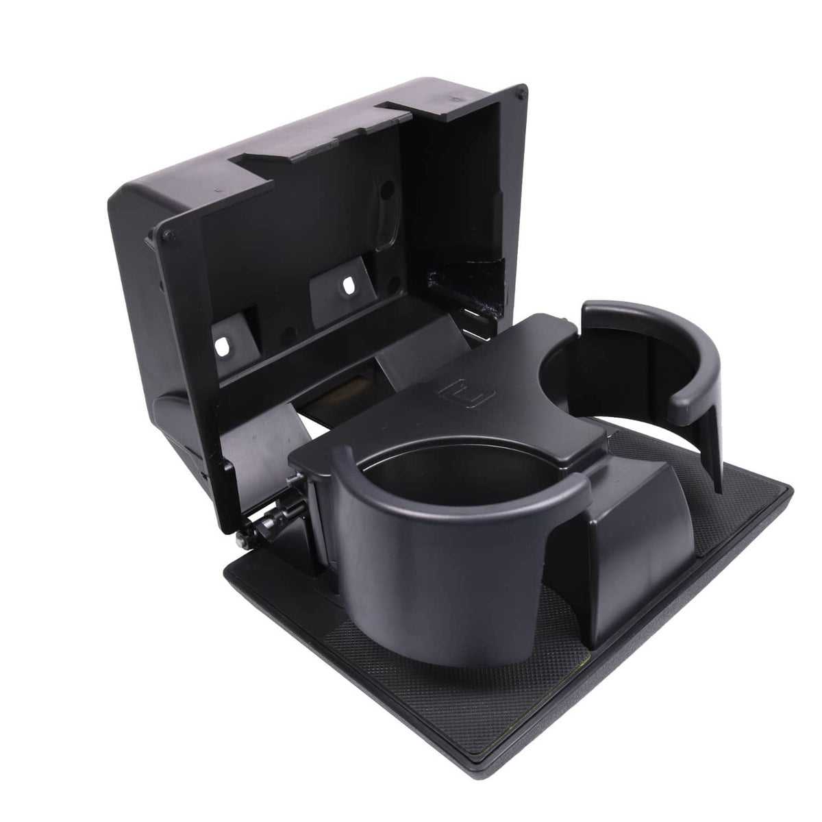 Black front dual cup holder assembly with two cup wells on textured base plate
