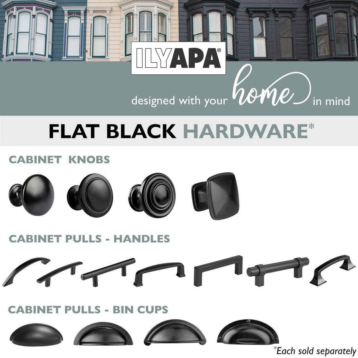 Flat black cabinet hardware assortment: knobs and pulls shown as icons